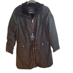BEBE  Coat Women's Faux Fur Lined Hooded Jacket Black w/Bronze Hardware Sz M NWT